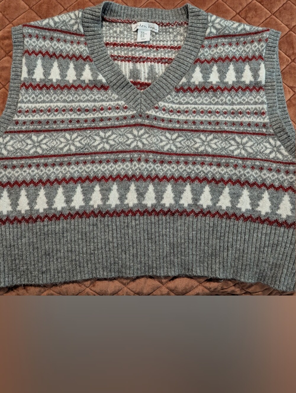 Fair Isle V-Neck Sweater Vest - Gray & Red
